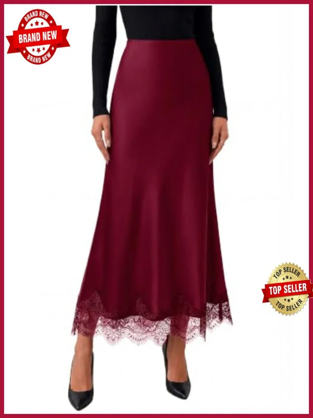 Satin Lace Trim High Waist A-Line Flowy Maxi Skirt